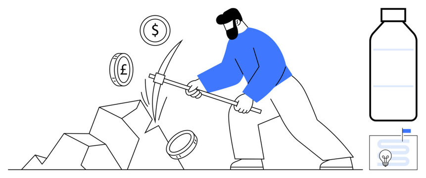 Cryptocurrency mining. A man mining digital currencies by symbols of dollar and pound. Cryptocurrency involves digital transactions and decentralized technologies. For finance, blockchain, fintech