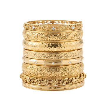 Elegant Stackable Gold Bangle Bracelets with Intricate Designs and Diamonds