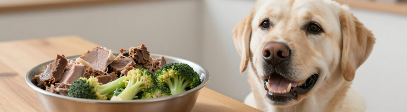 shot happy labrador retriever sitting next bowl filled mixed meats steamed vegetables wooden table soft
