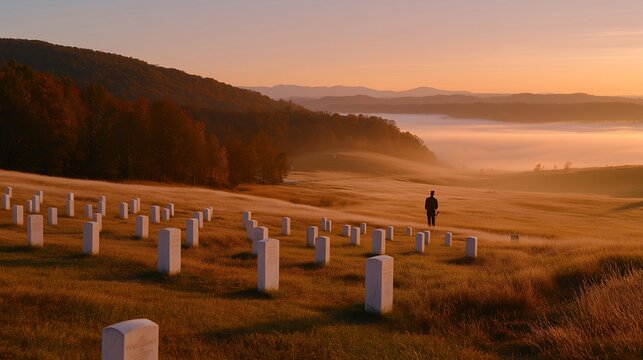 Rows of white memorial markers disappear into early morning mist, a lone bugler silhouette standing at the far end, ideal for war memorial tribute, national remembrance, and modern solemnity theme