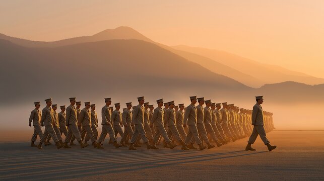 Drill sergeant calls cadence on a fog-covered parade ground at sunrise, rows of uniformed recruits in precise formation stretching to the horizon, ideal for military tradition ceremony, discipline,