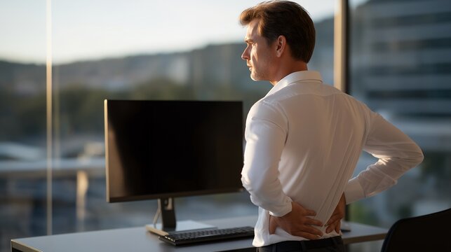 Man in office doing ergonomic self-assessment at standing desk, posture checklist on monitor, back strain evident in micro-expression, harsh midday sun through glass wall behind, perfect for
