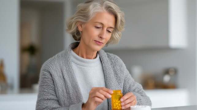 Woman with Hashimoto thyroiditis arranges daily pill organizer on minimalist white counter, fatigue in eyes, methodical care in hands, autoimmune daily routine, perfect for thyroid disease,