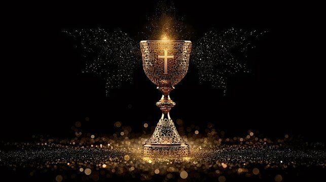 Golden ornate chalice with an intricate cross, glowing warmly amid sparkling particles over a dark background, evoking sacred ritual, faith, and divine holiness