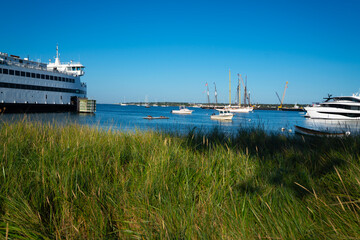Fototapeta premium A serene cinematic view of a marina with numerous boats and yachts on a sunny day, surrounded by lush greenery. 