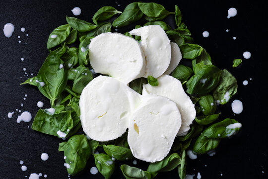Mozzarella fresca con basilico su sfondo scuro, composizione minimal food