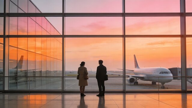 People at airport viewing plane at sunset