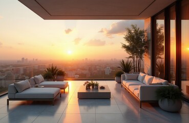 Obraz premium Luxury penthouse terrace at sunset city view. Outdoor furniture lounge area with modern design and plants. Ideal for relaxation and upscale living concepts.