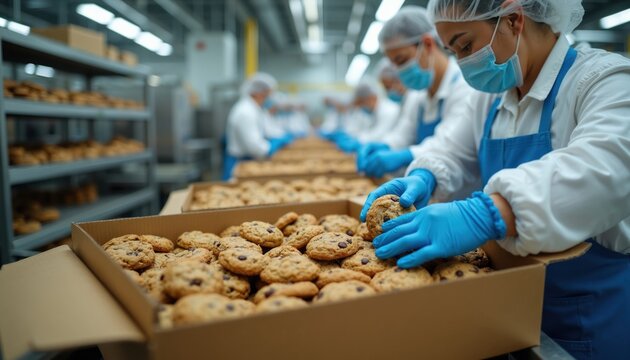 Workers in cookie factory wear protective gear to package fresh baked goods into cardboard boxes for shipping. Employees work on assembly line in clean food production facility, ensuring quality.