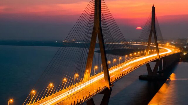 timelapse of bandra worli sea link bridge in mumbai, india at sunset video