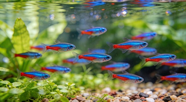 School of colorful neon tetras swimming in a freshwater planted aquarium tank with live plants