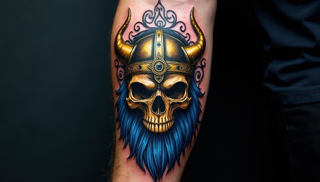 Viking skull tattoo adorns forearm with golden helmet, blue beard. Norse warrior art shows strength and fierce power, detailed with intricate designs for unique body modification.