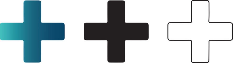 Obraz premium Plus Icon Set, Add and Medical Cross Symbols in Gradient, Solid and Outline Styles, Transparent PNG