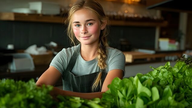 Young blonde woman in braid smiling at camera, wearing gray T-shirt and apron. Fresh greens in foreground and background, warm lighting, suggesting organic food or farm to table lifestyle.