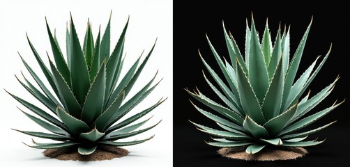 Fototapeta premium Agave plant 3D render with transparent background. Green succulent leaves grow in circular pattern. Desert succulent isolated on white and black.