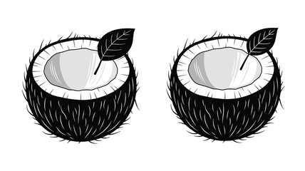 Two halved coconuts with leaves a striking black silhouette © Md