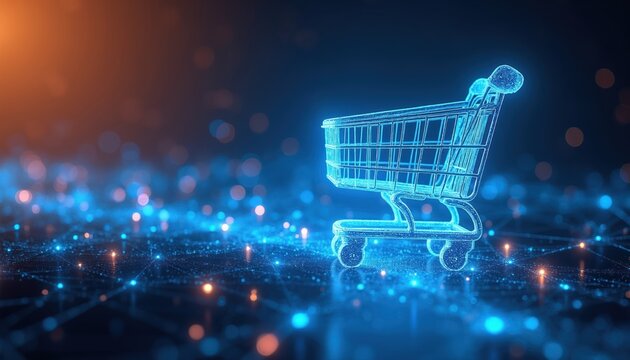 Abstract glowing shopping cart on digital network background. Futuristic online store concept. Represents e-commerce, digital retail and modern shopping tech. Data flow connects virtual goods.