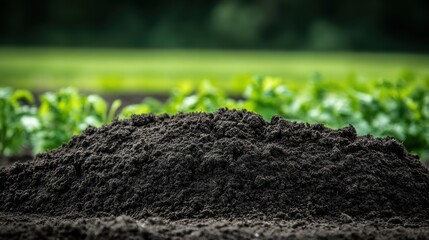 Fototapeta premium Rich dark soil with visible earthworm castings and blurred green garden background