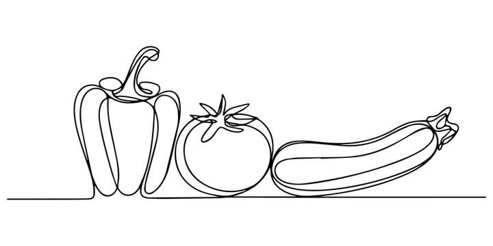 Vegetables one line set. Continuous line drawing of tomato, bell pepper, zucchini, eggplant, Vegetables, Fresh vegetables concept line art. Editable outline,  icon illustration with white background.