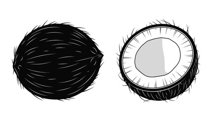 A whole and halved coconut depicted in a striking black silhouette © Md