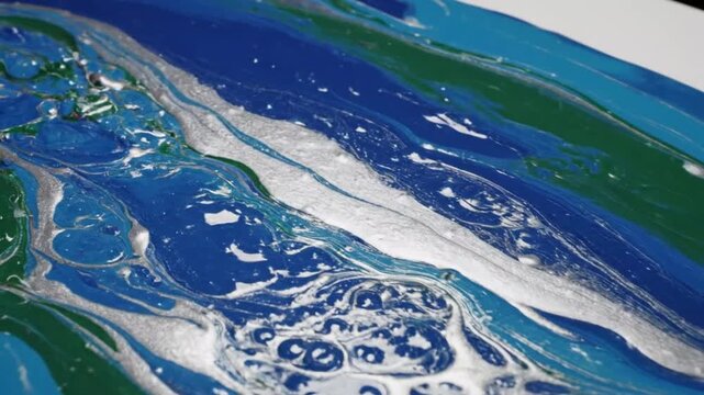 Vibrant blue, green, and white swirled paint mixture on a surface with a dynamic, marbled pattern and texture, creating a visually striking effect