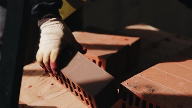 Worker rearranging bricks on stack at construction site