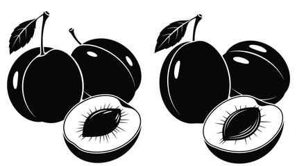 Black plums and halved fruit depiction in a striking silhouette © Md