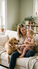 Fototapeta na wymiar Mother and son with a pet, happy lifestyle, family environment.