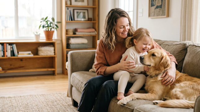 Mother and son with a pet, happy lifestyle, family environment.