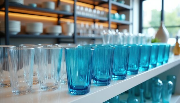 Rows of clear and blue drinking glasses arranged neatly on shelves in a modern store. The glassware display includes various sizes and styles for beverage service in cafes or homes.
