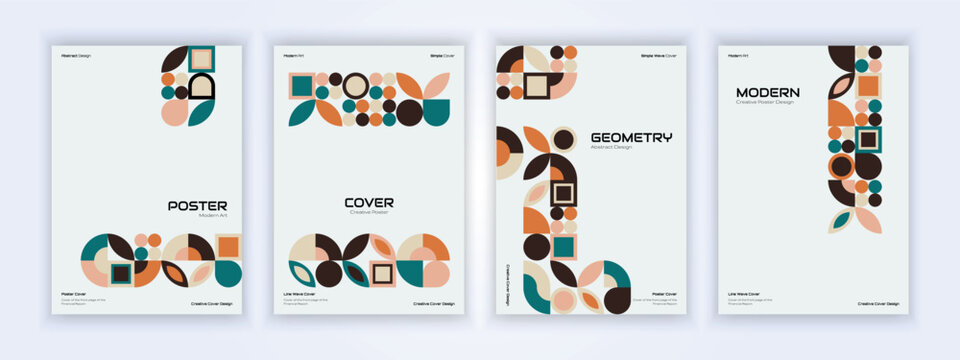 Modern posters with geometric shapes in teal orange and beige tones