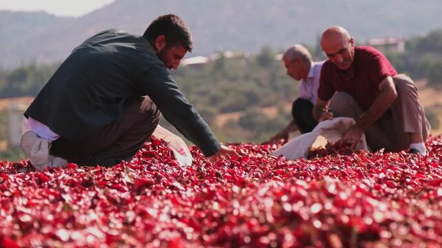 Agricultural workers sort and spread red chili peppers drying under the sun in an open rural area; shows traditional processing, manual labor, spice production and post-harvest agriculture.