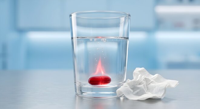 Glass of water sitting on a white surface, with a single red pill at the bottom, suggesting medicine or healthcare.