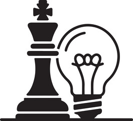Fototapeta premium Chess king piece with light bulb icon for business strategy and creative thinking, professional leadership concept, cad drawing flat vector illustration on white.