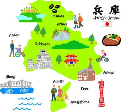 兵庫/神戸旅行、手描きの観光スポットと観光客フラットイラスト