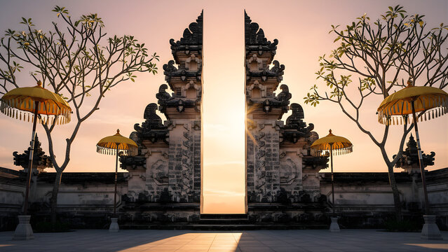 Candi Bentar Balinese Temple Gate at Sunset with Ceremonial Umbrellas
