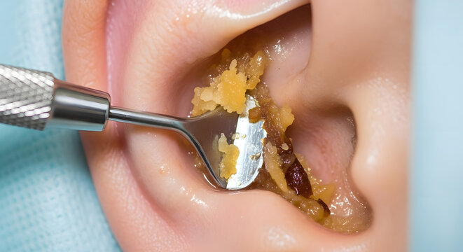 Impacted Ear Wax Removal &ndash; Cerumen Cleaning with Medical Tool Close-Up