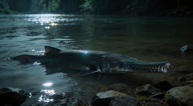 Prehistoric river monster fish with sharp teeth swimming in dark murky water at night
