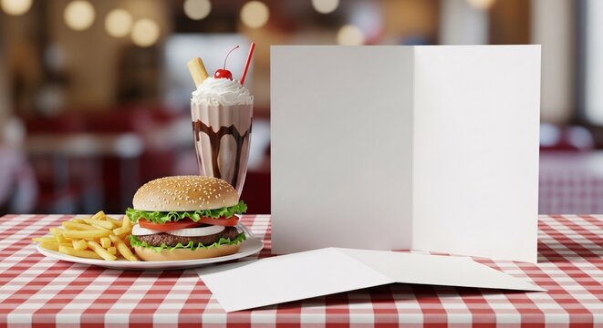 Fast food meal with burger, fries, and blank menu card on checkered tablecloth, perfect for diner-style branding.