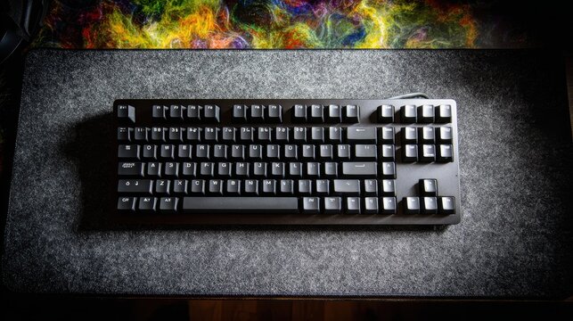Sleek Wireless Keyboard with Low-Profile Keys on Textured Surface and Vibrant Abstract Background