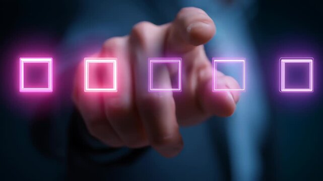 Finger selecting glowing neon square icons on virtual digital interface with futuristic technology hand digital selection concept