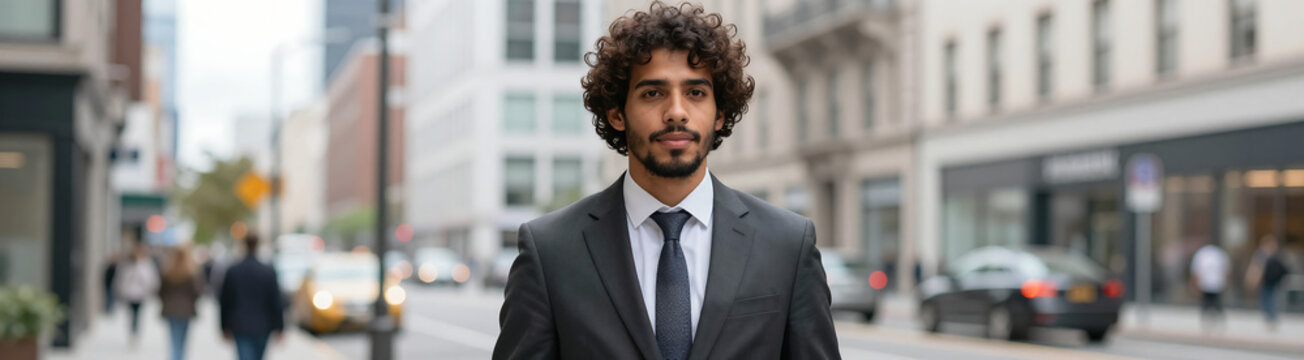 young man curly hair beard stands busy city street tailored business suit bright urban backdrop exuding confidence