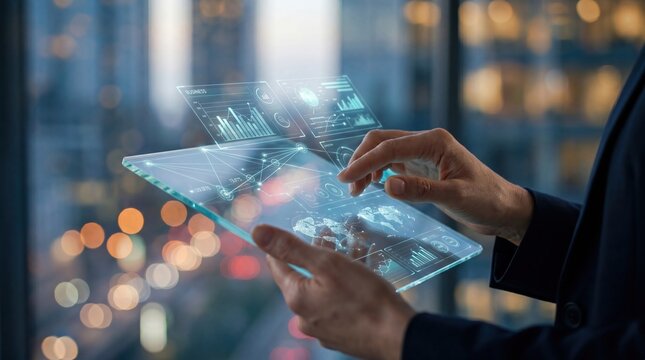 Businessman holding transparent tablet with holographic charts, financial analysis, corporate strategy, future technology interface, city skyline background, professional