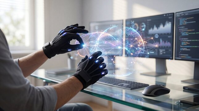 Person wearing VR gloves interacting with holographic globe interface, virtual reality technology, futuristic workspace, augmented reality data visualization, cyber security