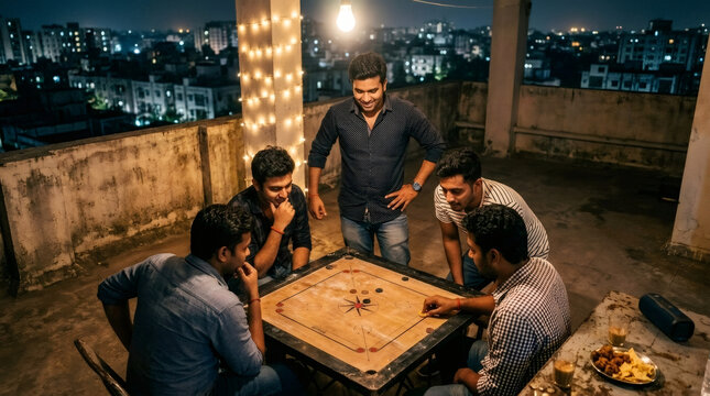 Men playing carrom board game on rooftop terrace at night. Group of male friends having fun together during leisure time. Social gathering, hobby, lifestyle activity and pastime.