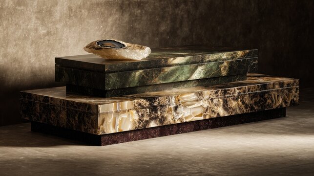 Stacked natural stone monitor risers and accent display featuring polished agate slice