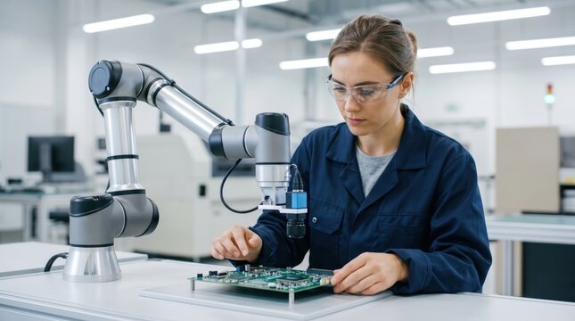 Female engineer working with a robotic arm and circuit board in a high-tech manufacturing facility, representing automation and industrial innovation.