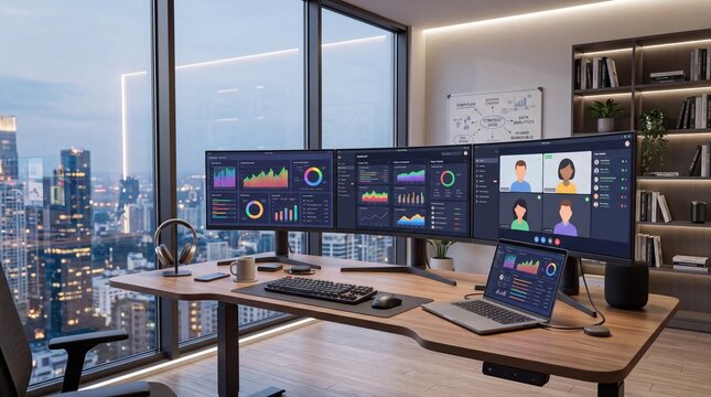 Modern remote work office setup with multiple monitors displaying video conference and data analytics, overlooking a city skyline at dusk.