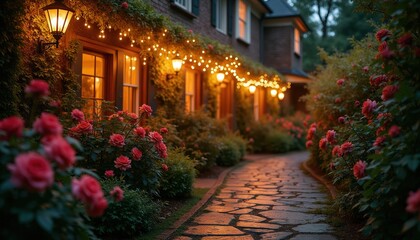 Fototapeta premium Stone pathway through garden leads to house at night. Blooming roses and glowing string lights create romantic atmosphere. Outdoor lanterns illuminate brick building facade.