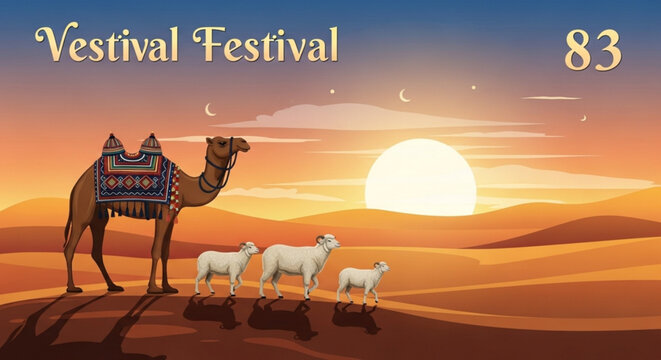 Camel and sheep caravan in desert at sunset traditional nomadic journey vector illustration for travel and cul